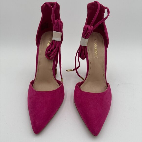 ShoeDazzle Kaia Heels Size 6 Hot Pink Suede Lace Up Clear Block Ombre Heels - Picture 1 of 9